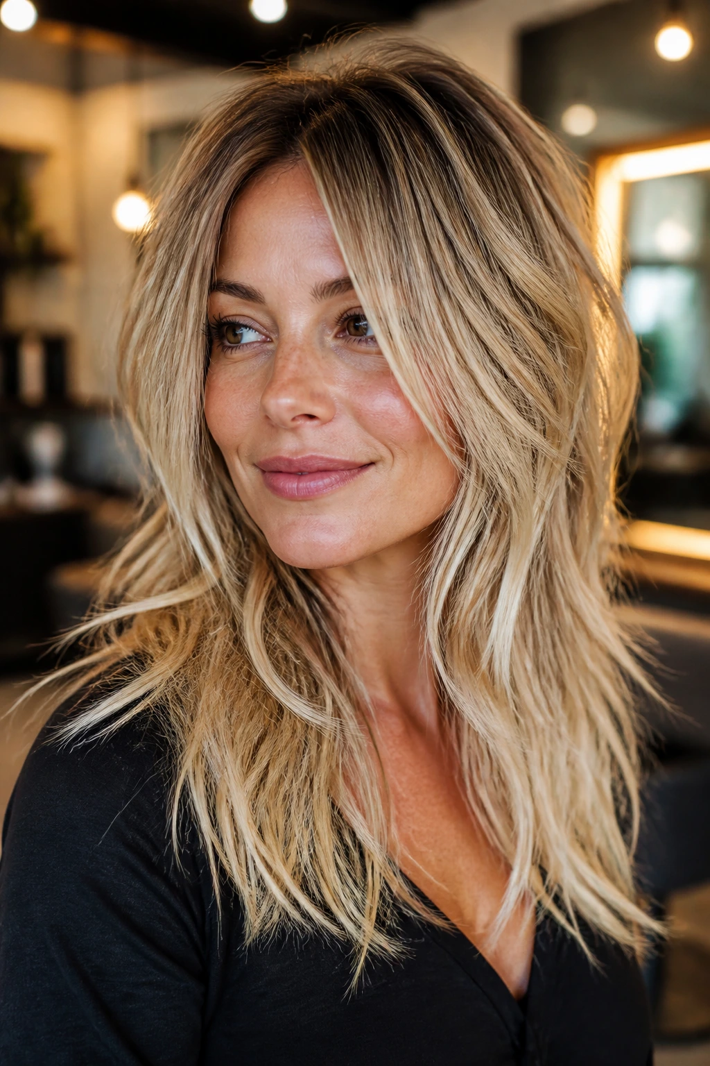Real-person portrait showing root-shadow shag with dimensional blond.