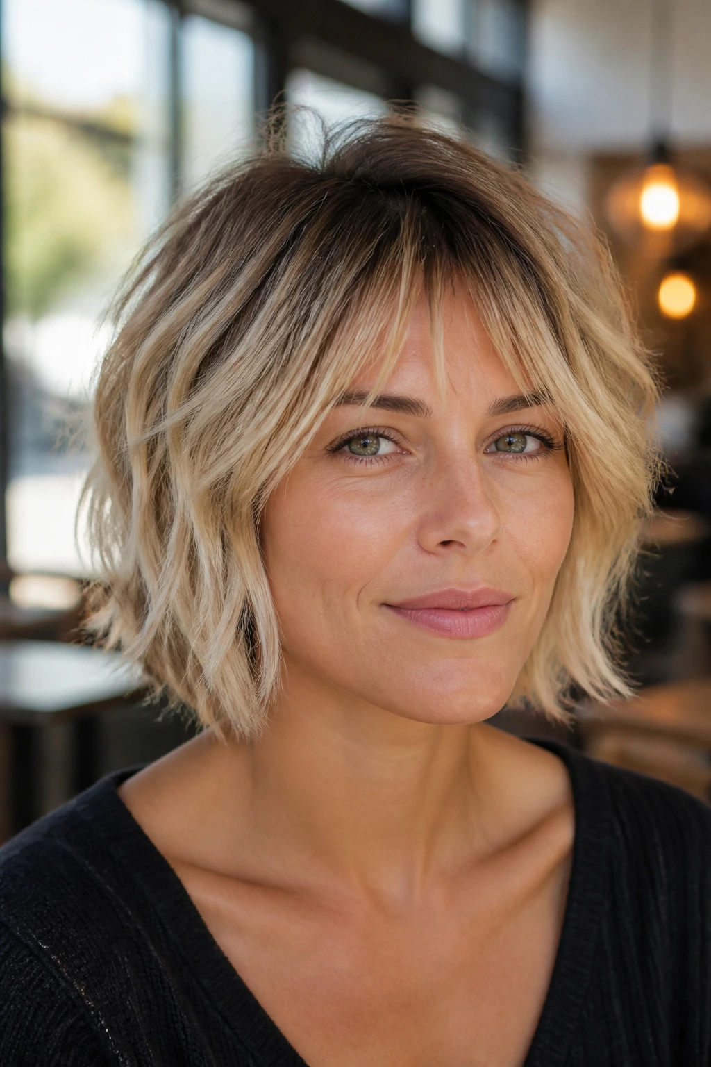 Beachy Root Shadow Shag Bob close-up portrait with root shadow in a sunlit cafe setting.