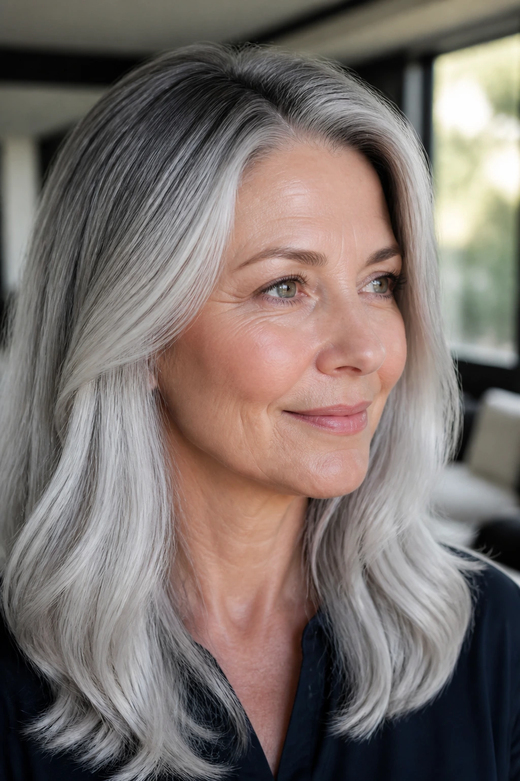 Portrait of a woman with root shadow and silver lengths.