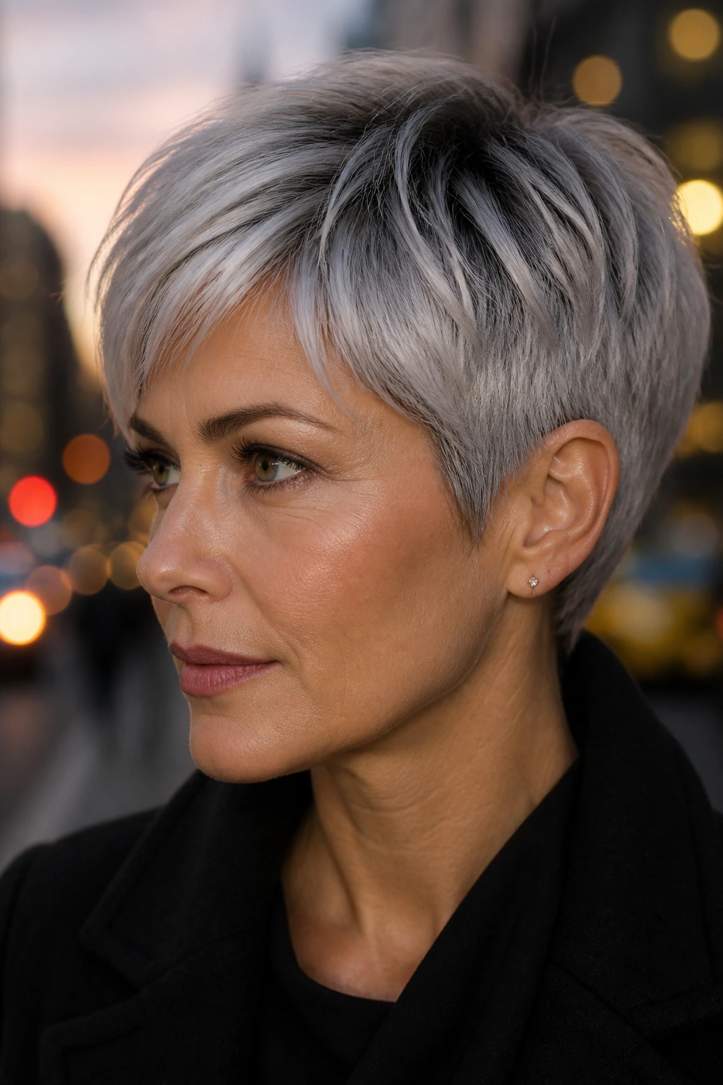 Portrait of a real woman with a silver pixie and root shadow on darker roots