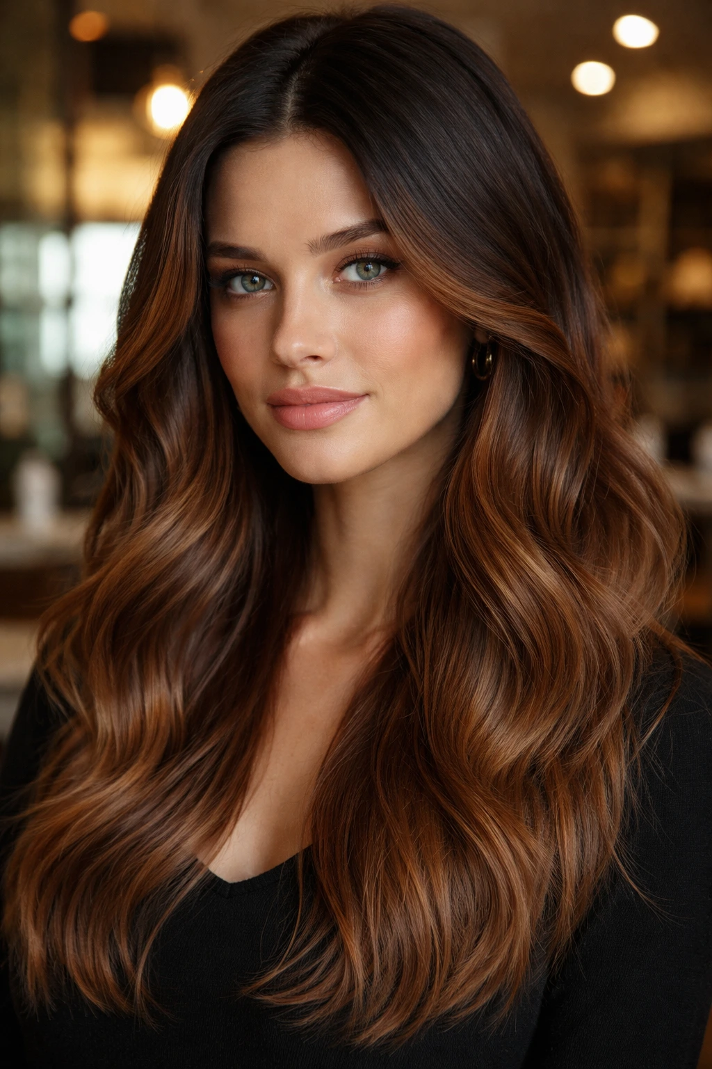 Close-up portrait of a real person showing a cinnamon hair with a dark cool brown root smudge