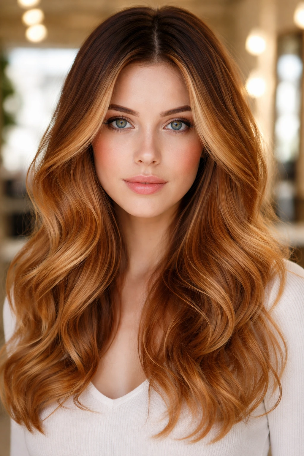 Close-up portrait showing root-smudged copper hair on a real person in a salon setting