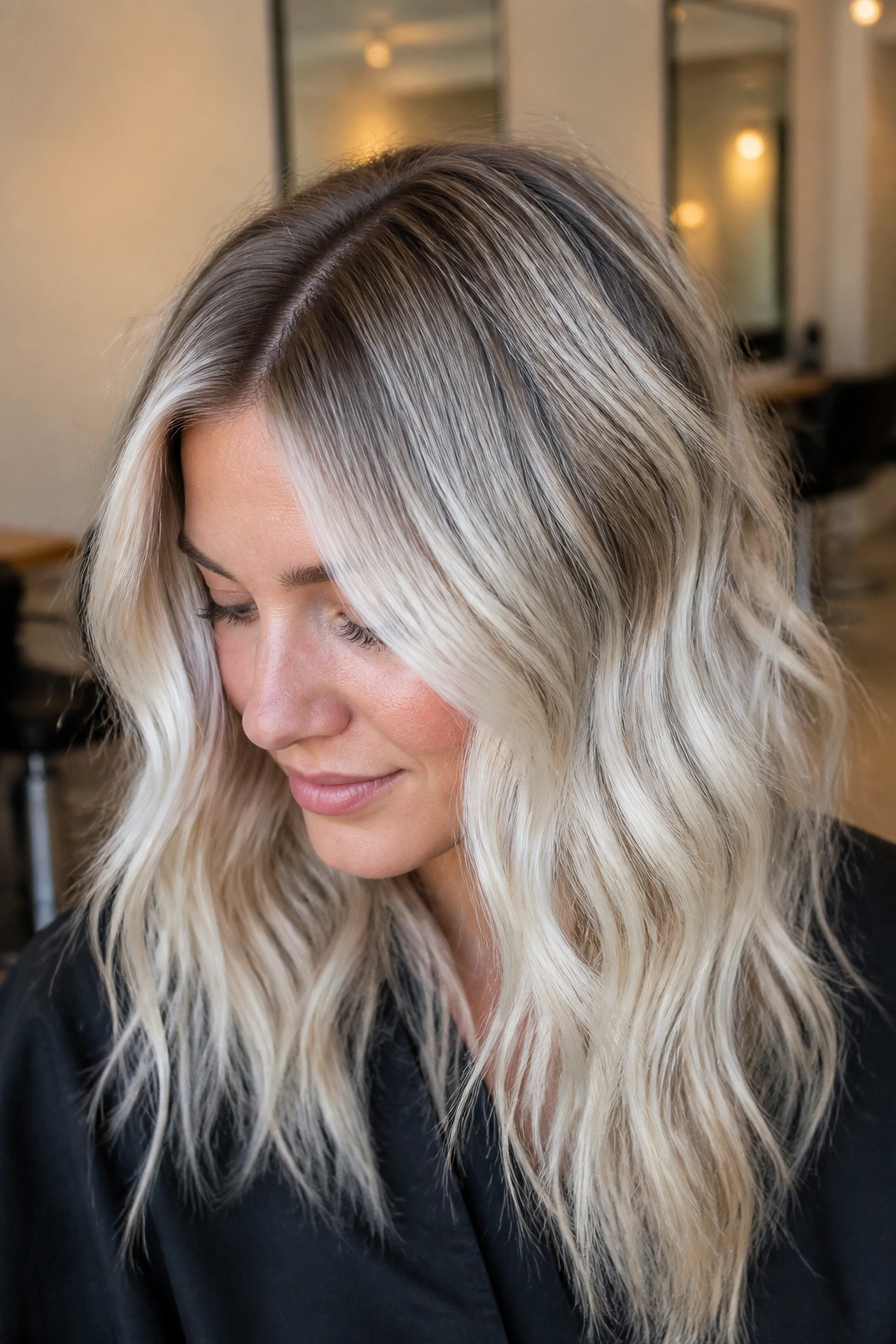 Close-up of a real woman showing root-smudged platinum foils on brown hair in a chic salon.