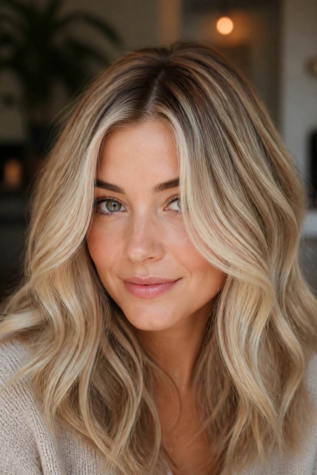Close-up of a real woman with root tap and bright mid-lengths