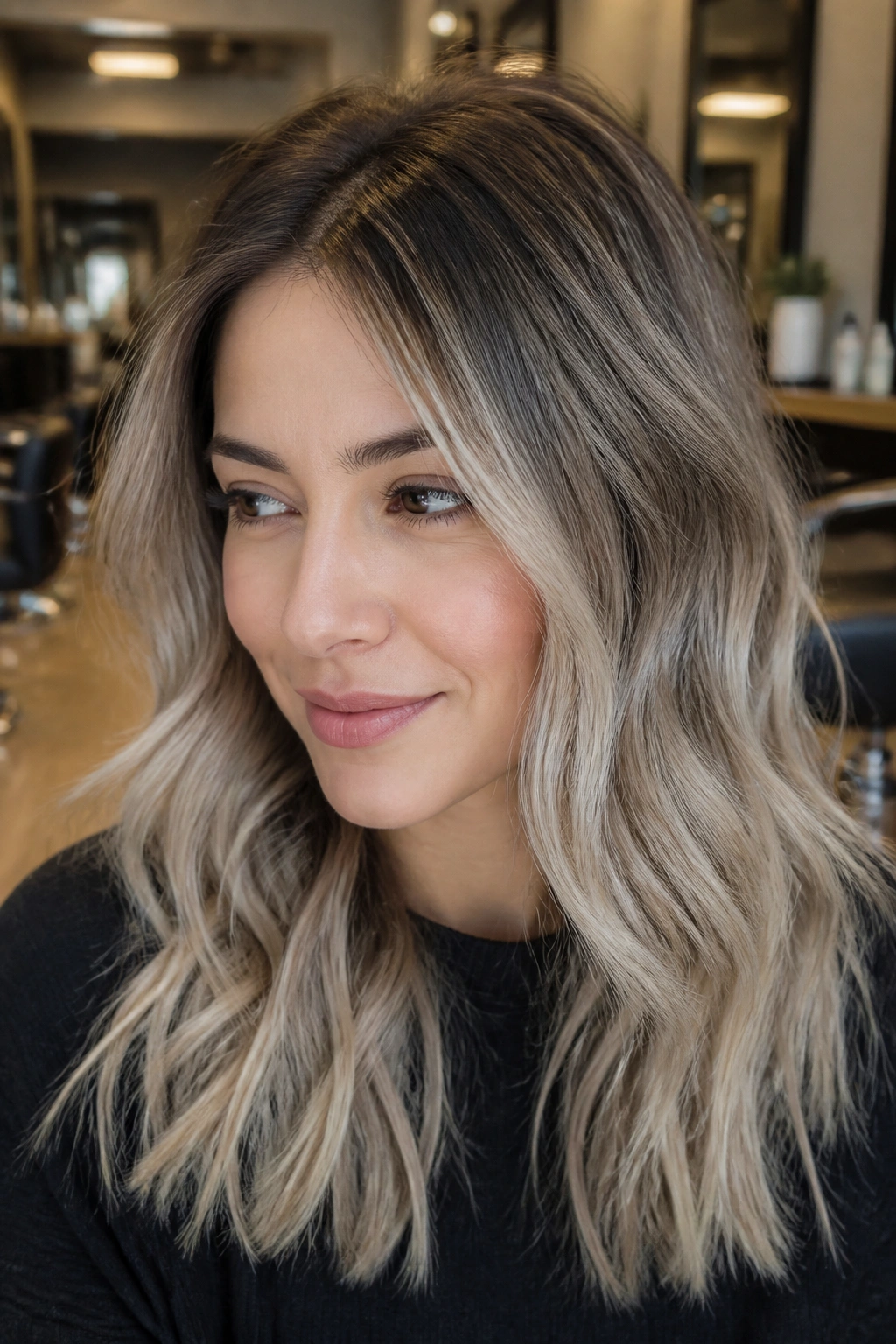 Close-up portrait of woman with rooted ash blonde balayage in a salon