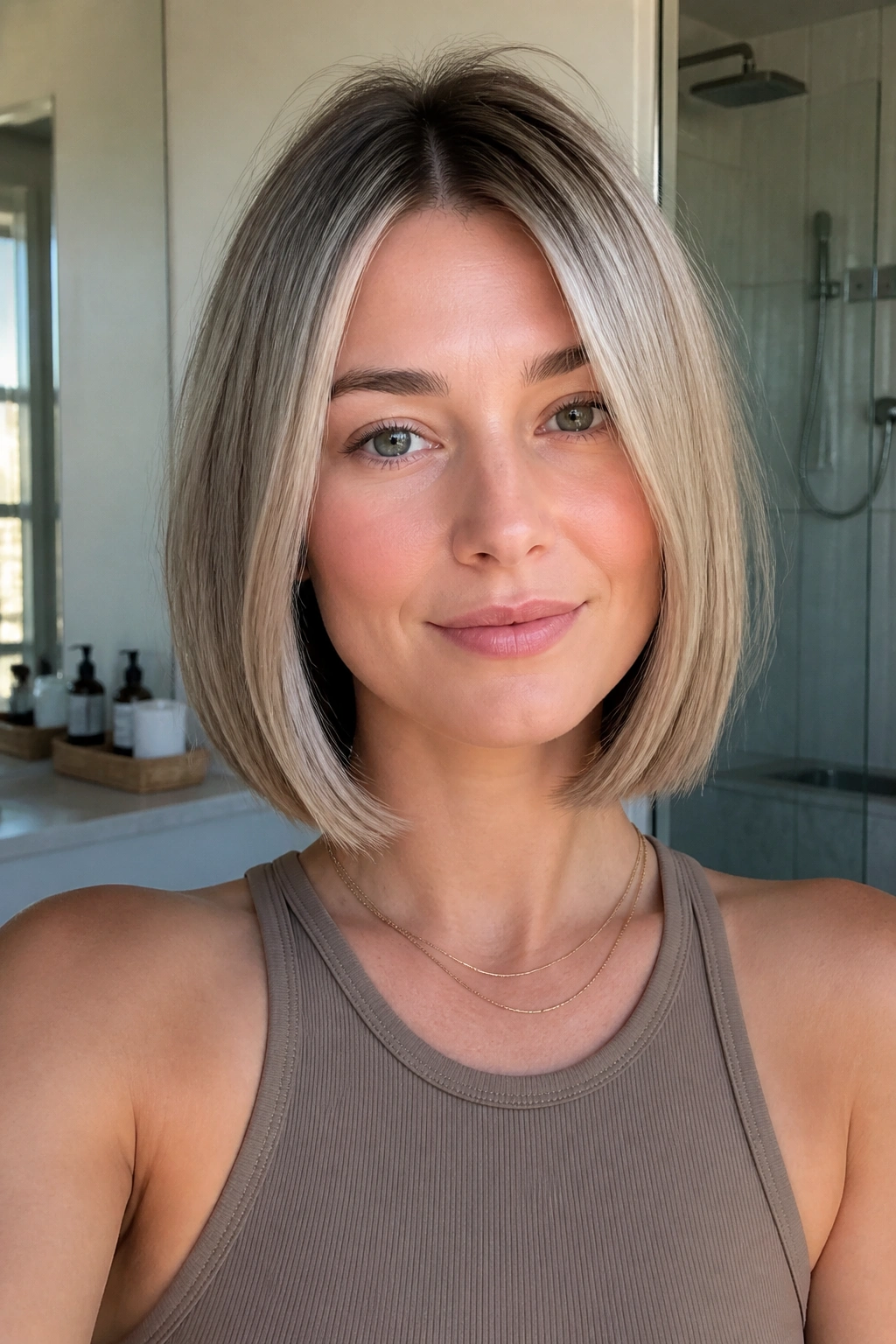 Portrait of a real woman with a rooted ash blonde bob and tucked ends