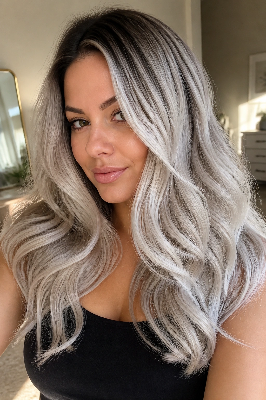 Close-up of rooted ash platinum with long curls