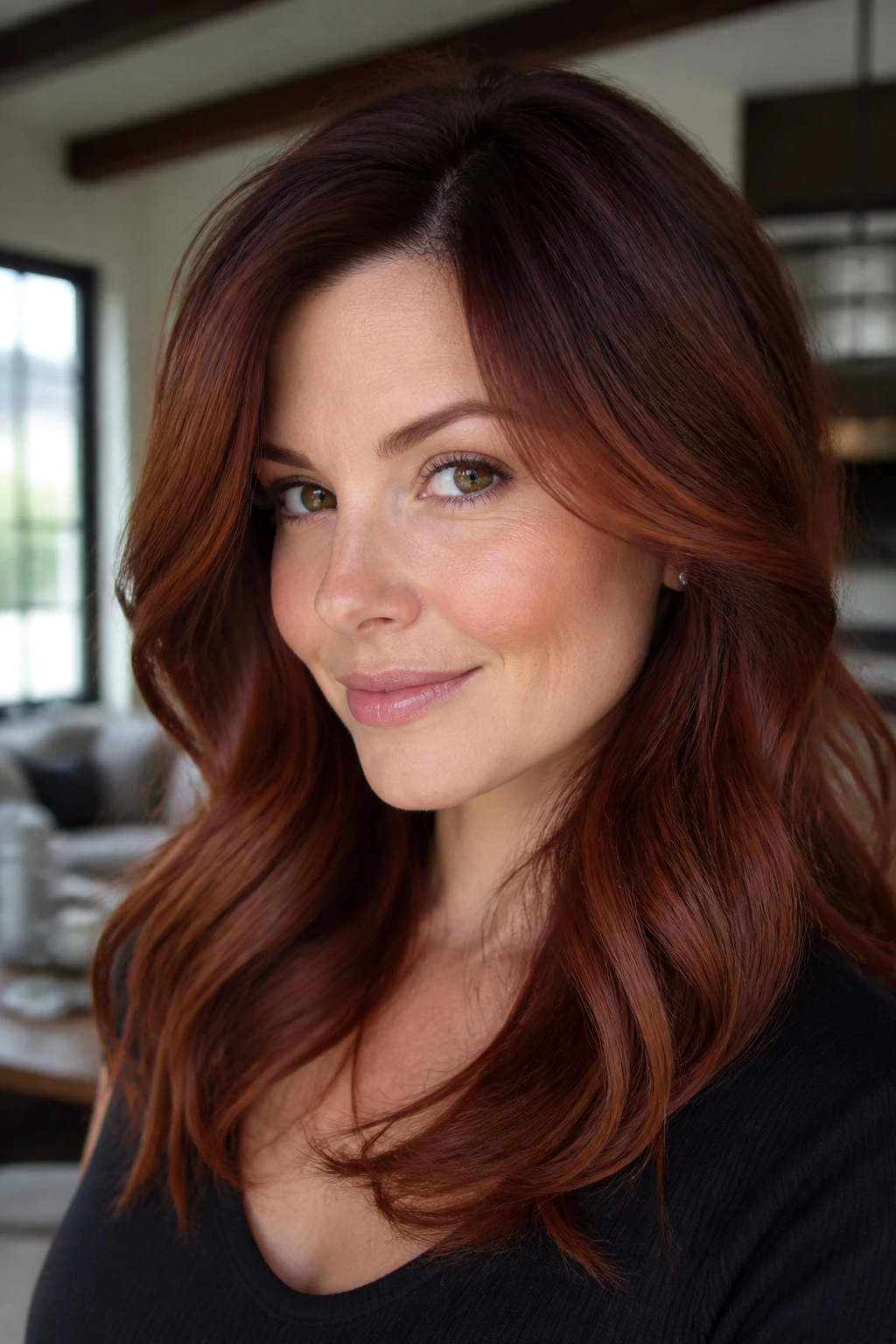 Close-up portrait of a real woman with rooted auburn melt hair gradient