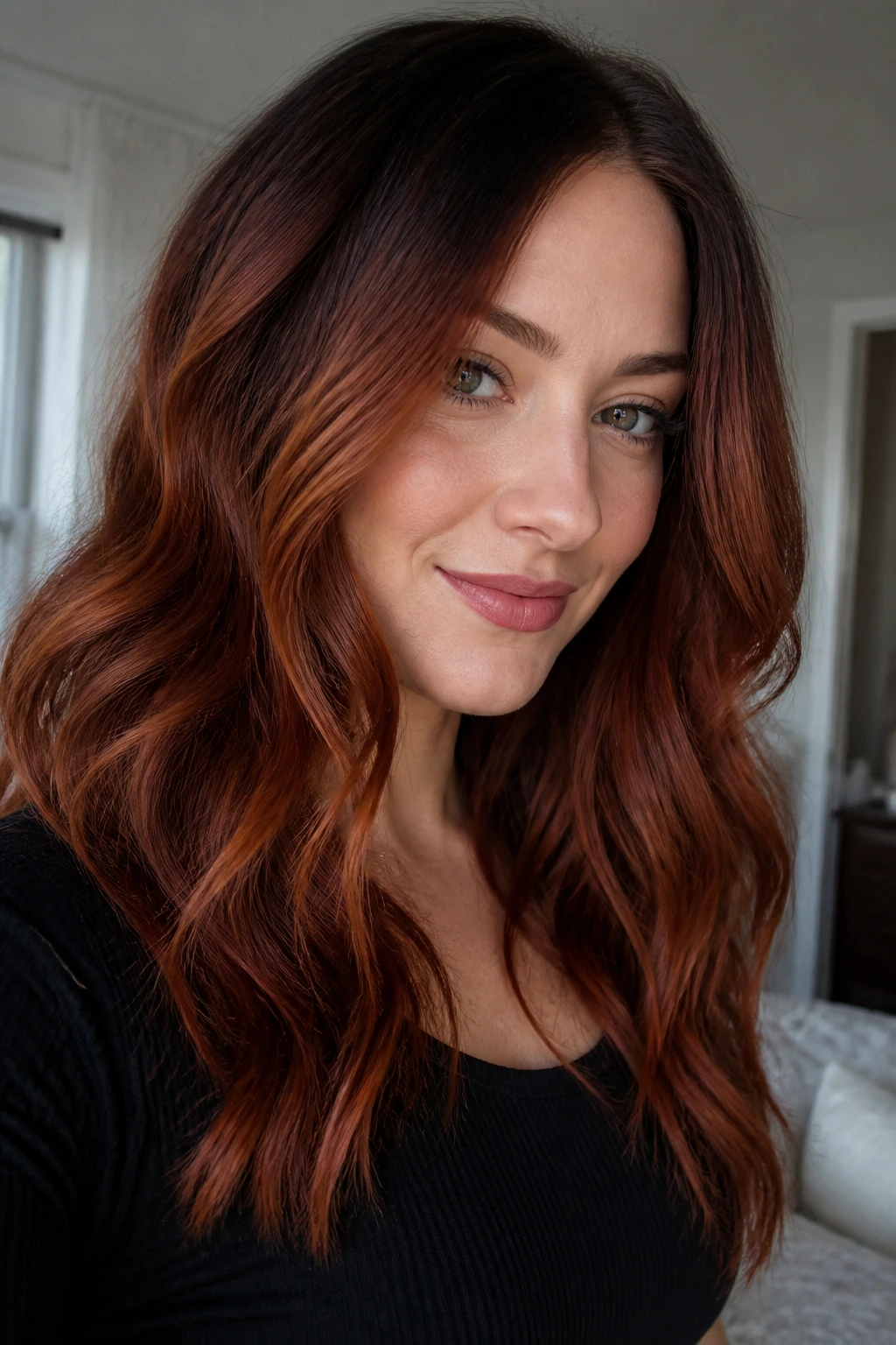 Close-up portrait of a real woman with rooted auburn ombre hair