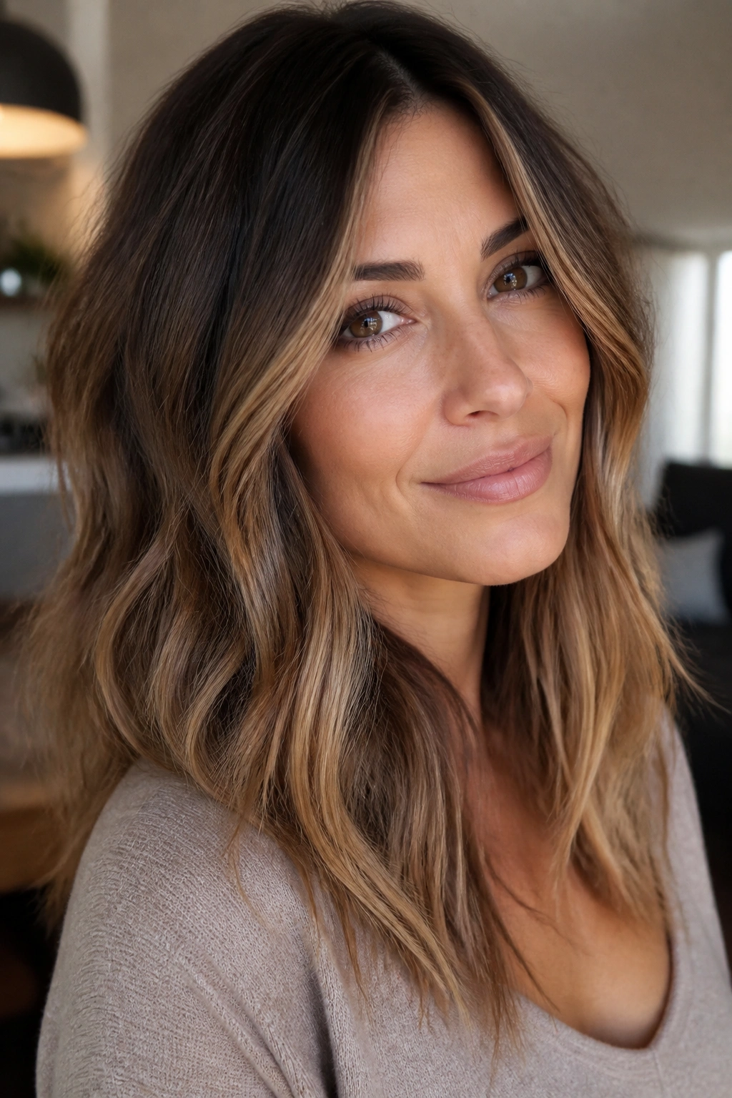 Close-up of brunette with rooted balayage in a cozy interior