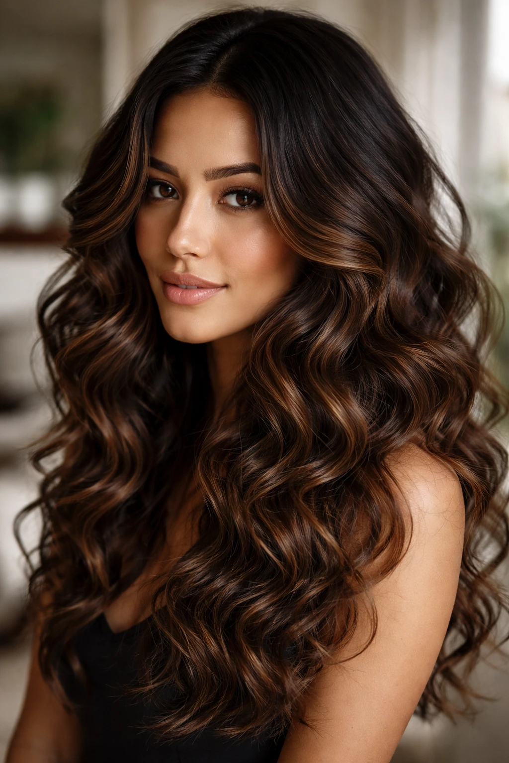 Close-up of a woman with rooted chocolate balayage color transition.