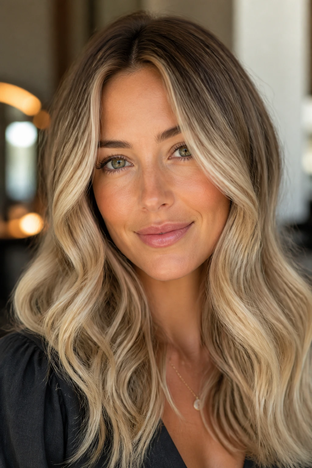 Close-up portrait of a real woman with dark-rooted balayage and dimensional blonde highlighting