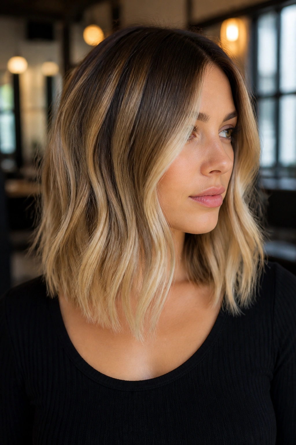 Portrait of a woman with rooted balayage lob and dimensional color