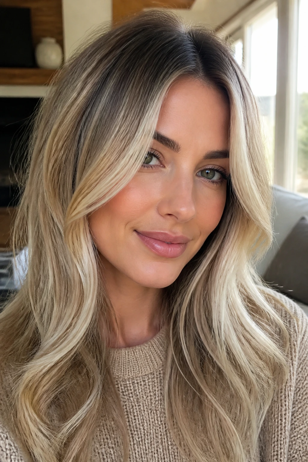 Portrait of a real woman with rooted beige blonde and face-framing lighter pieces.