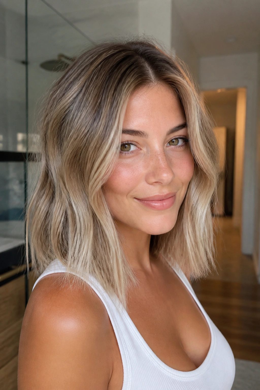 Real woman with rooted beige blonde on a lob