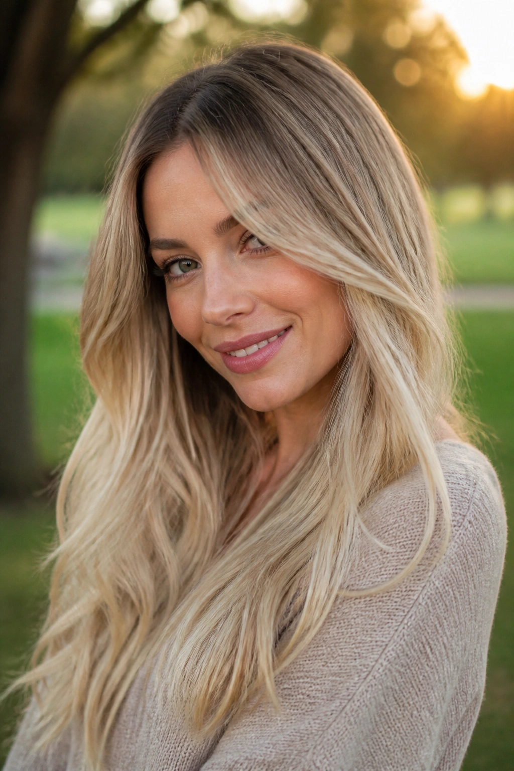 Portrait of woman with rooted beige blonde ombre in golden hour light