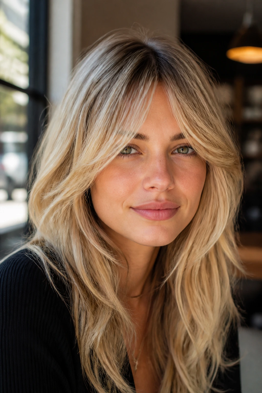 Real woman with rooted beige blonde shag and long fringe in daylight