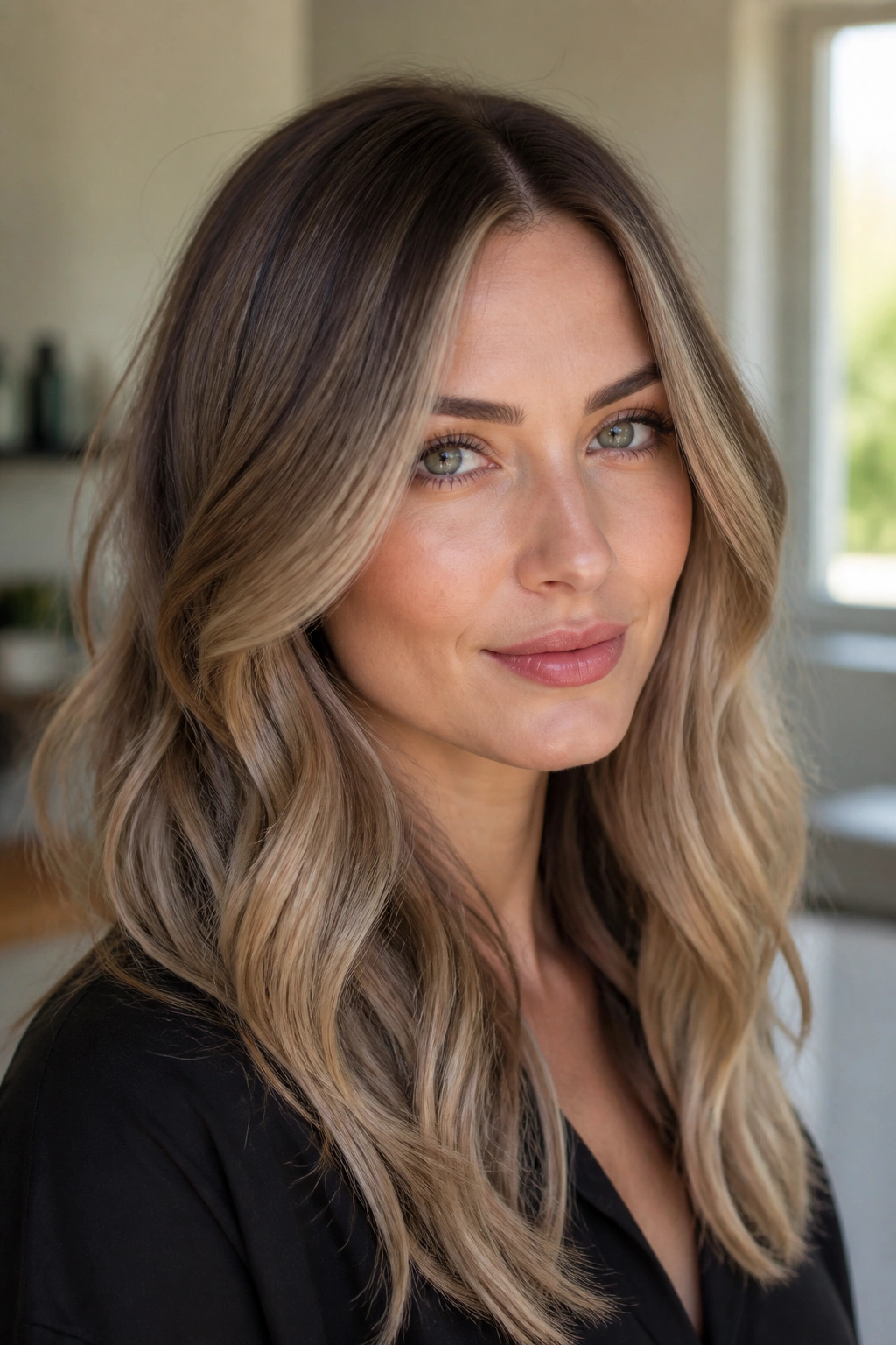 Close-up portrait of a woman with rooted beige bronde hair on cool skin tones
