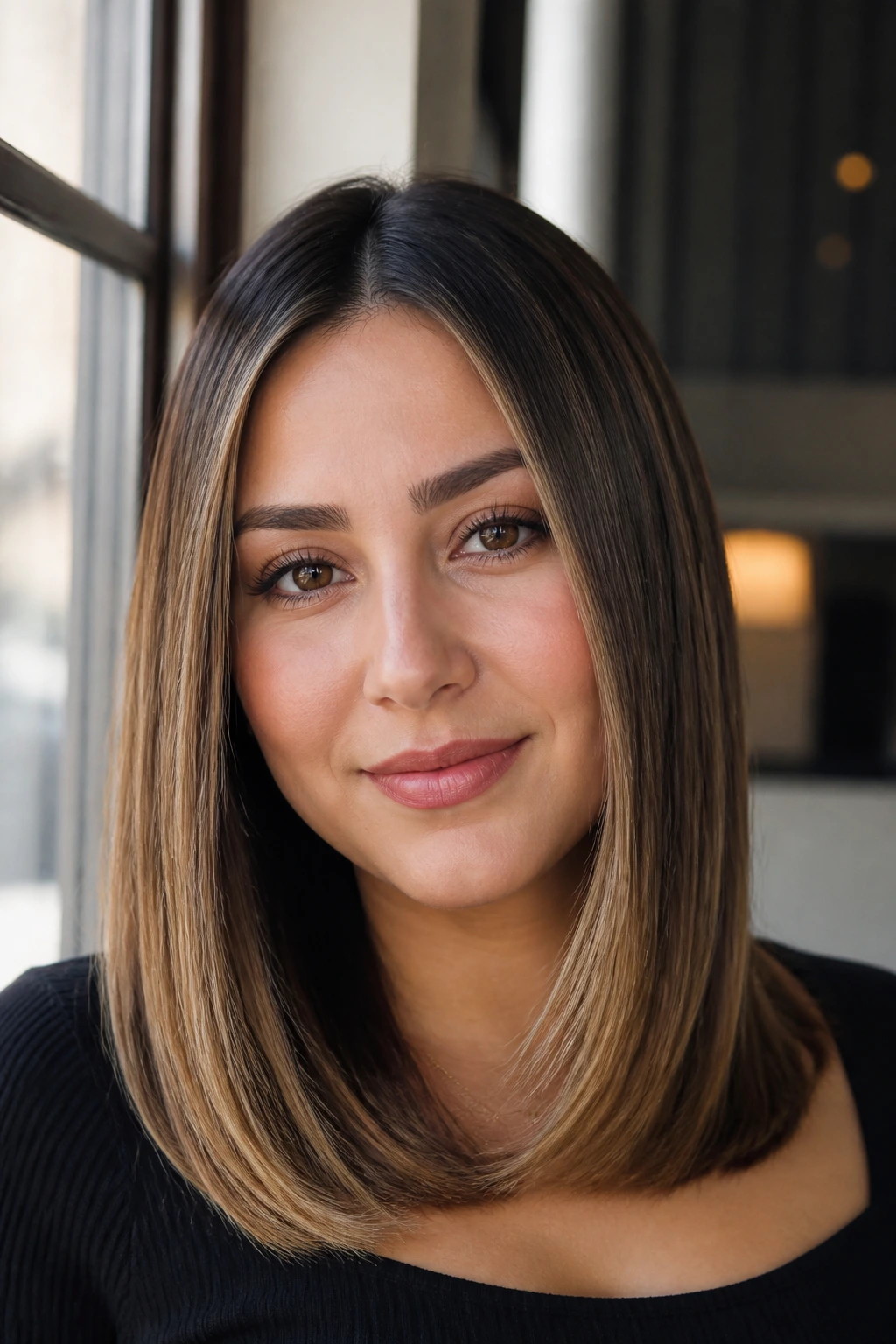 Close-up of a real woman with rooted beige brown highlights on straight hair in a bright interior