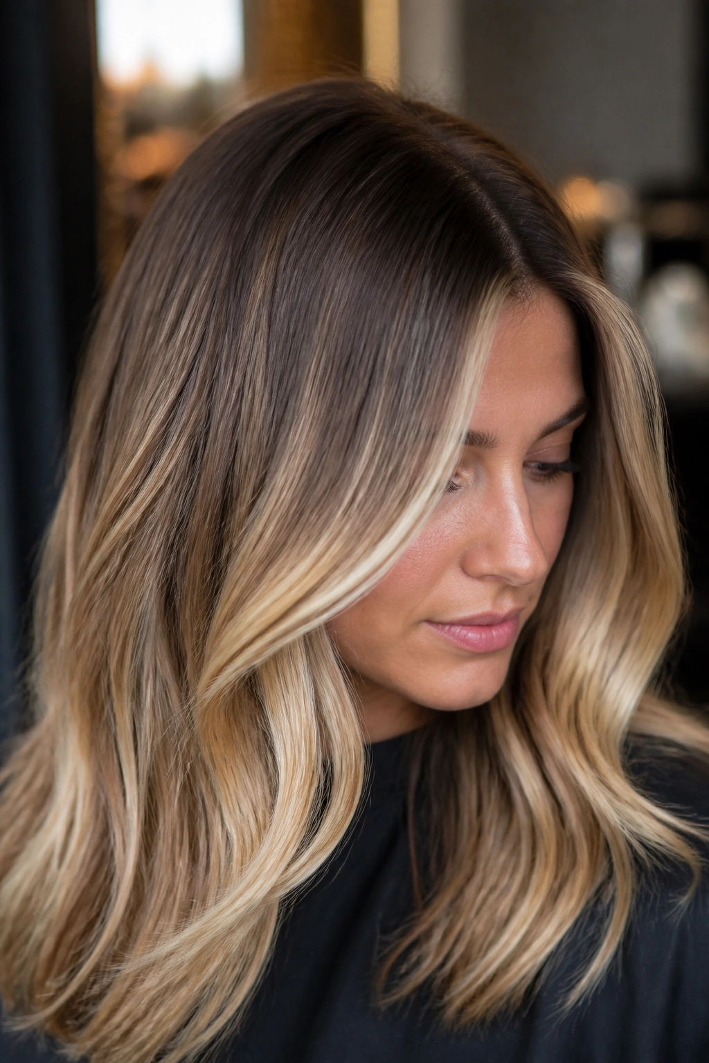 Close-up of a real person with rooted blond highlights and soft root shadow