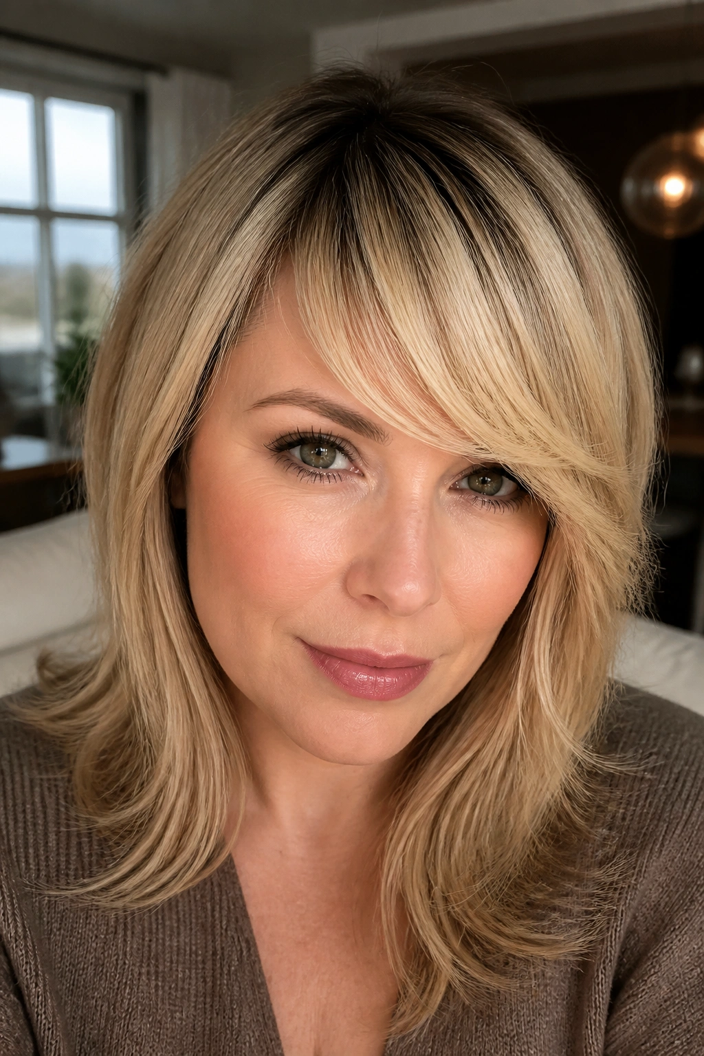 Close-up of a real woman with rooted blonde fringe and long side bend.