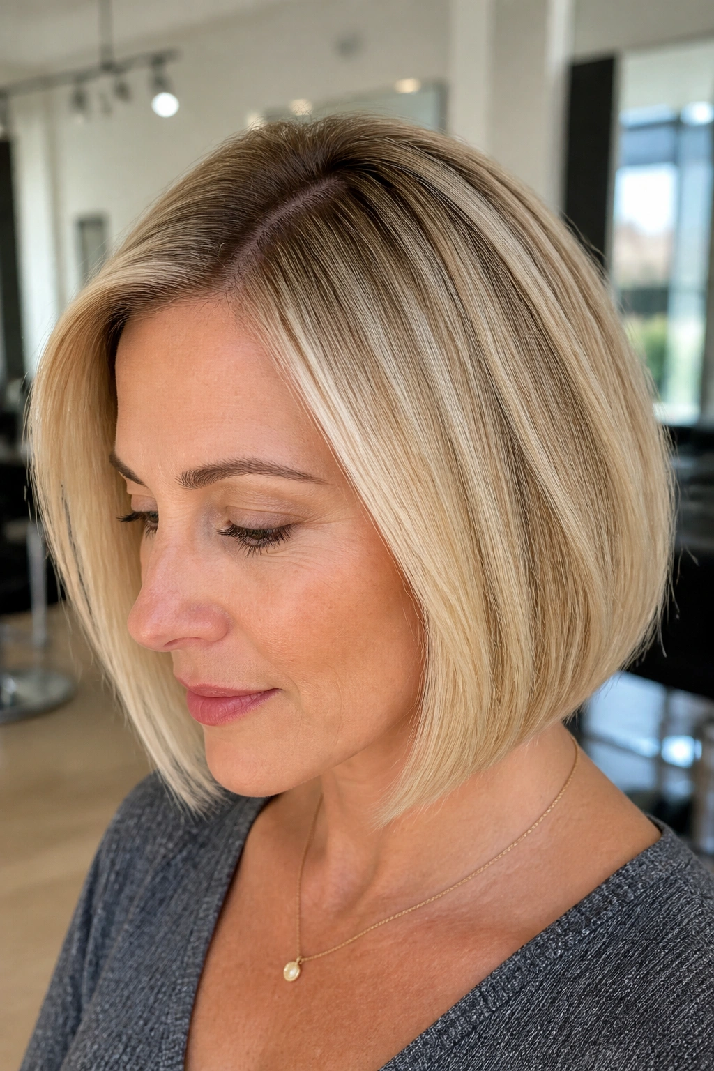 Portrait of a woman with rooted blonde bob and crown shadow.
