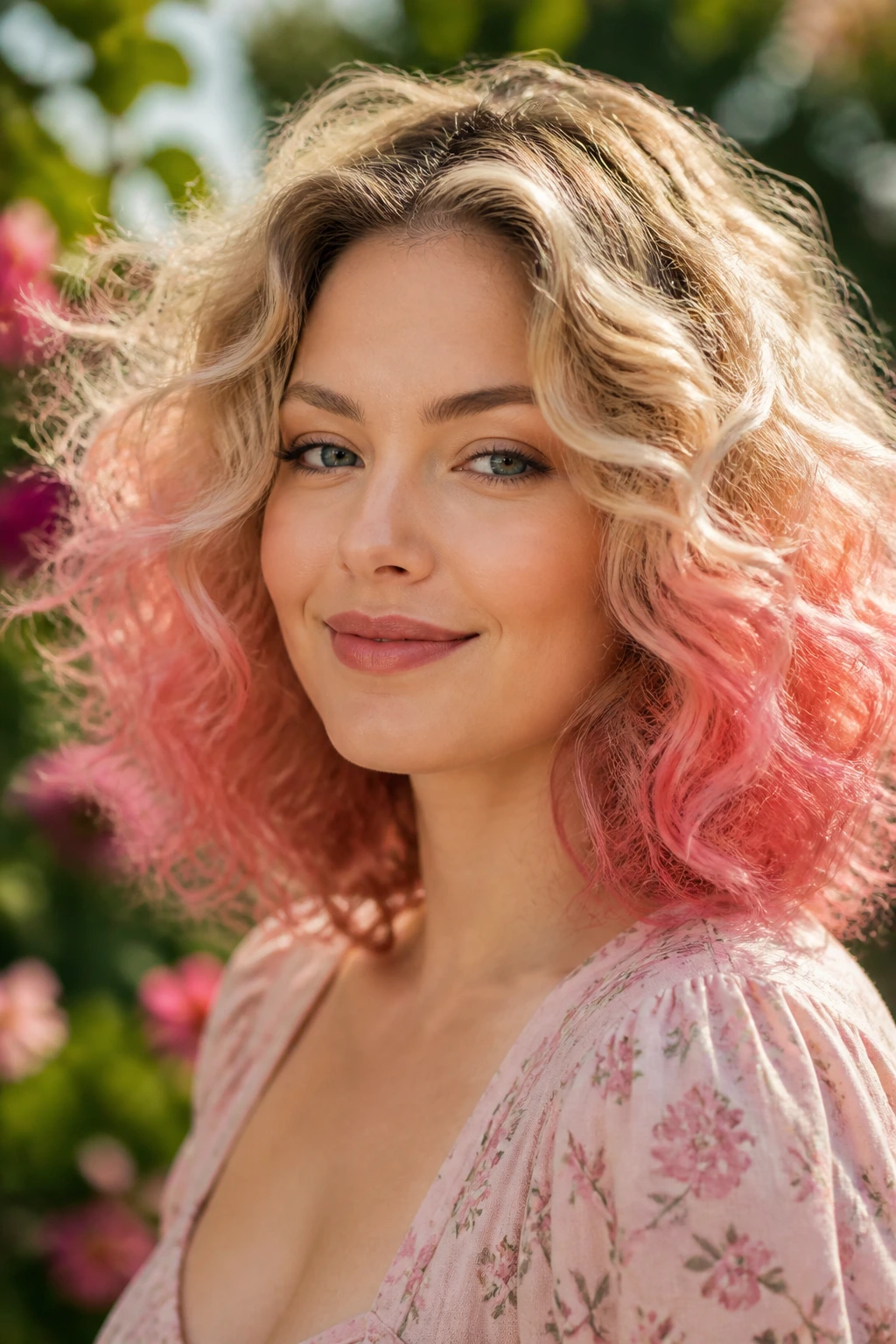 Close-up of a real woman with rooted blonde curls and strawberry pink halo