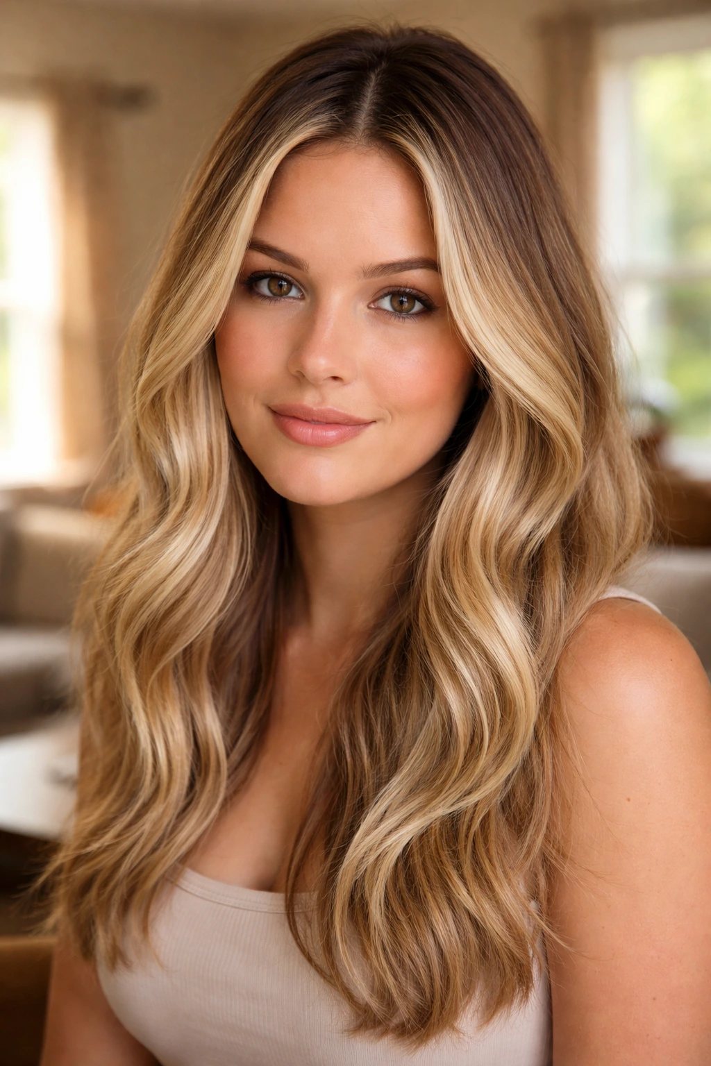 Close-up portrait of a real woman with rooted blonde and soft front framing.