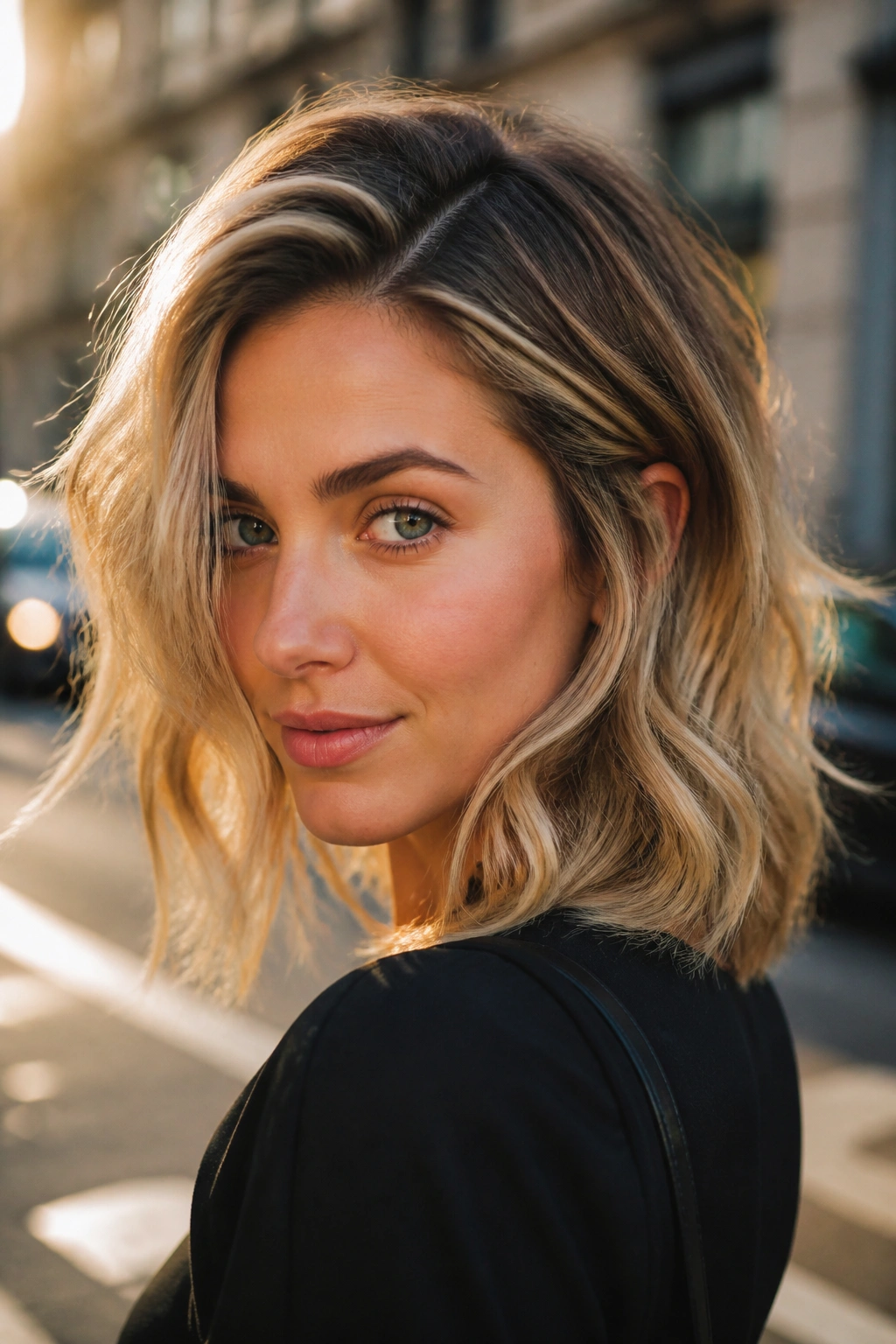 Close-up of a person with rooted blonde lived-in waves