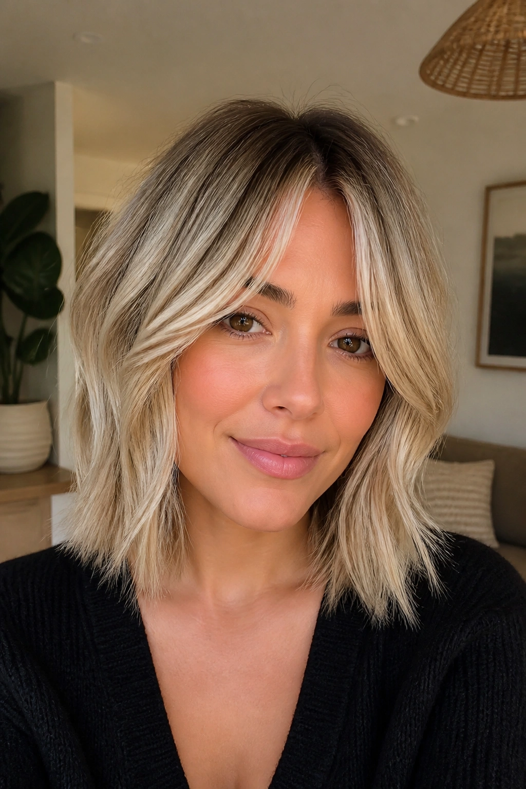 Close-up of rooted blonde melt curtain bangs on a real woman