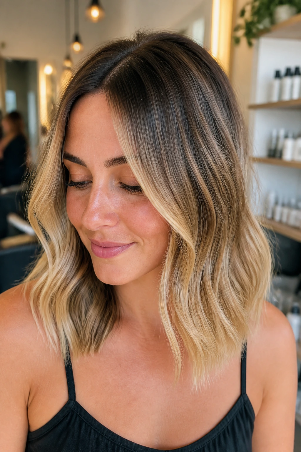 Close-up portrait of a real woman with shoulder-length hair featuring a rooted blonde melt