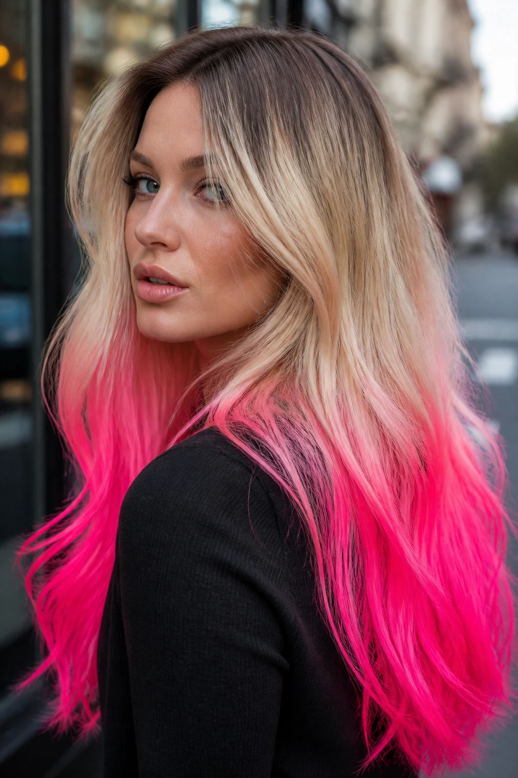 Close-up portrait of rooted blonde with neon pink dip dye on long hair