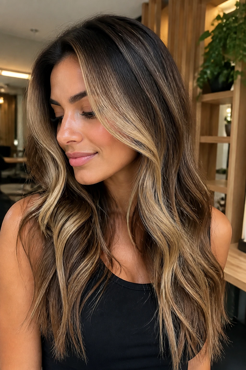 Brunette with rooted blonde pieces showing high contrast in a salon setting.