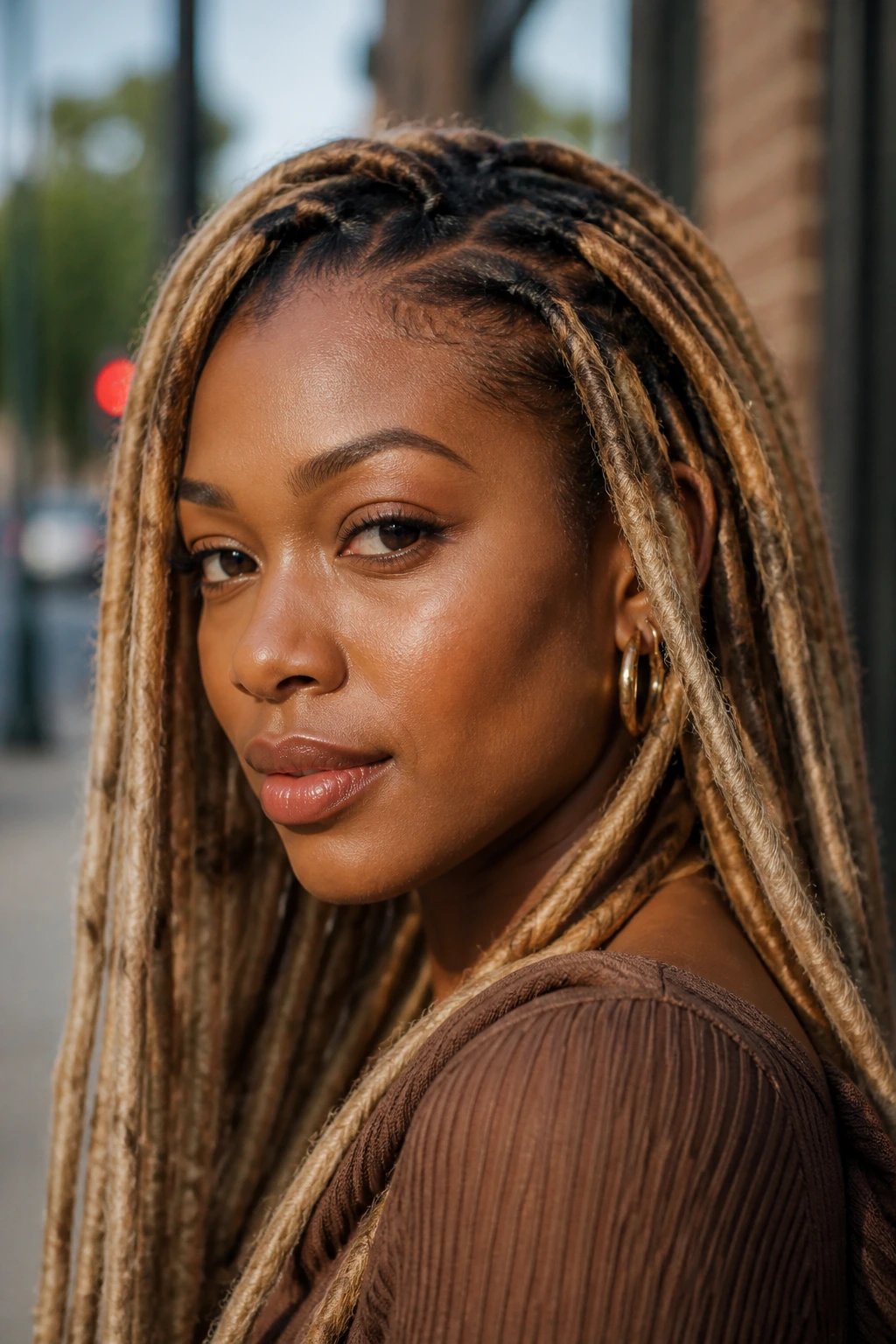 Close-up of a real Black woman with rooted blonde locs and shadow base