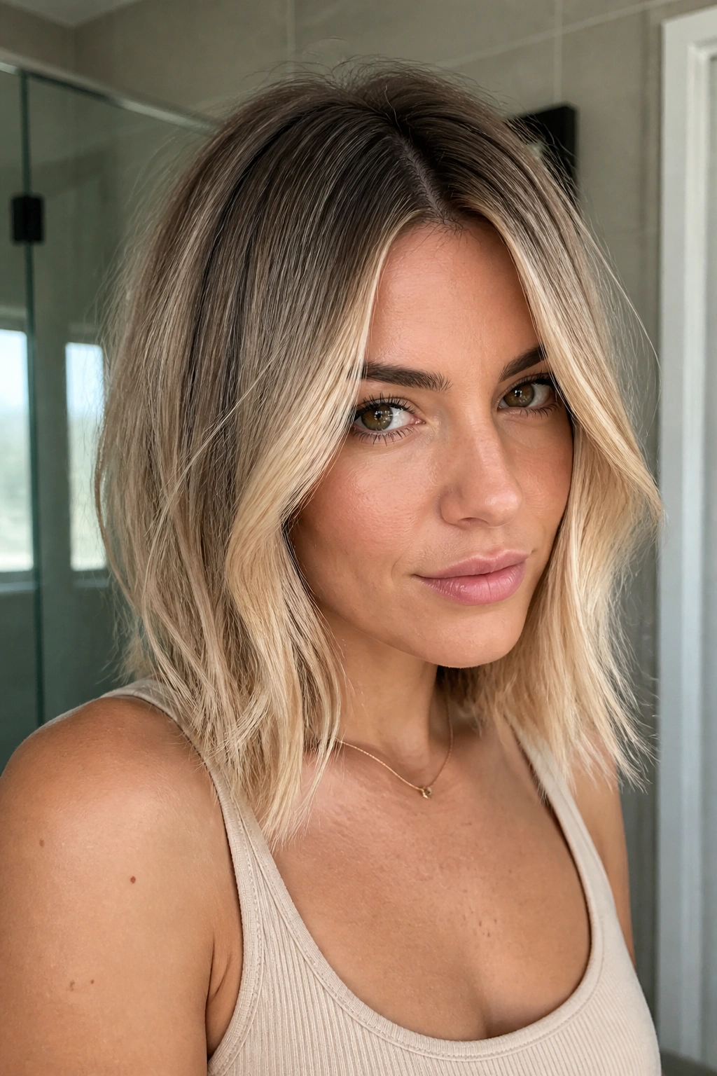 Close-up portrait of a woman showing a rooted blonde lob with a shadow root.
