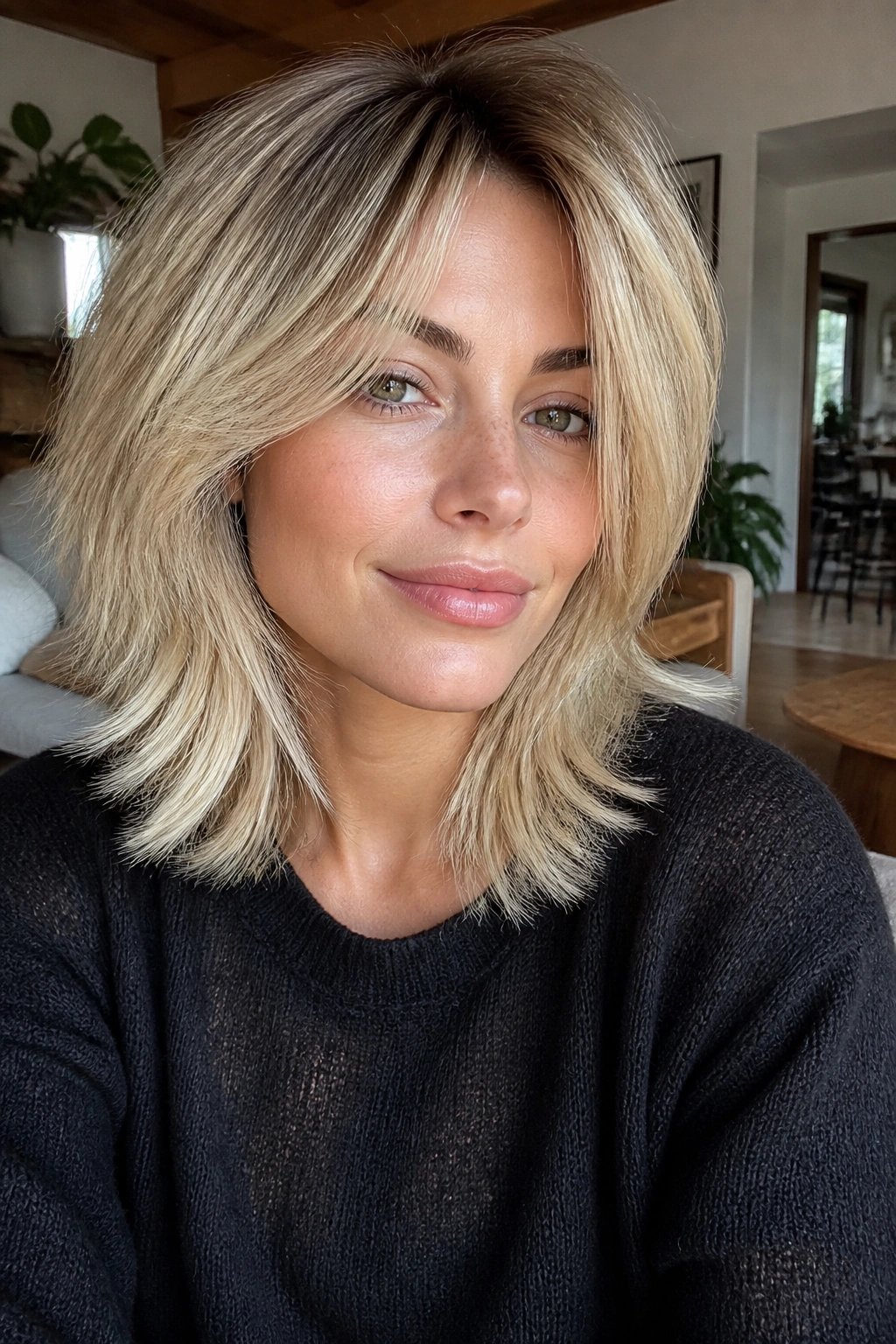 Close-up of a real woman with rooted blonde shag and feathered layers in bright living room light