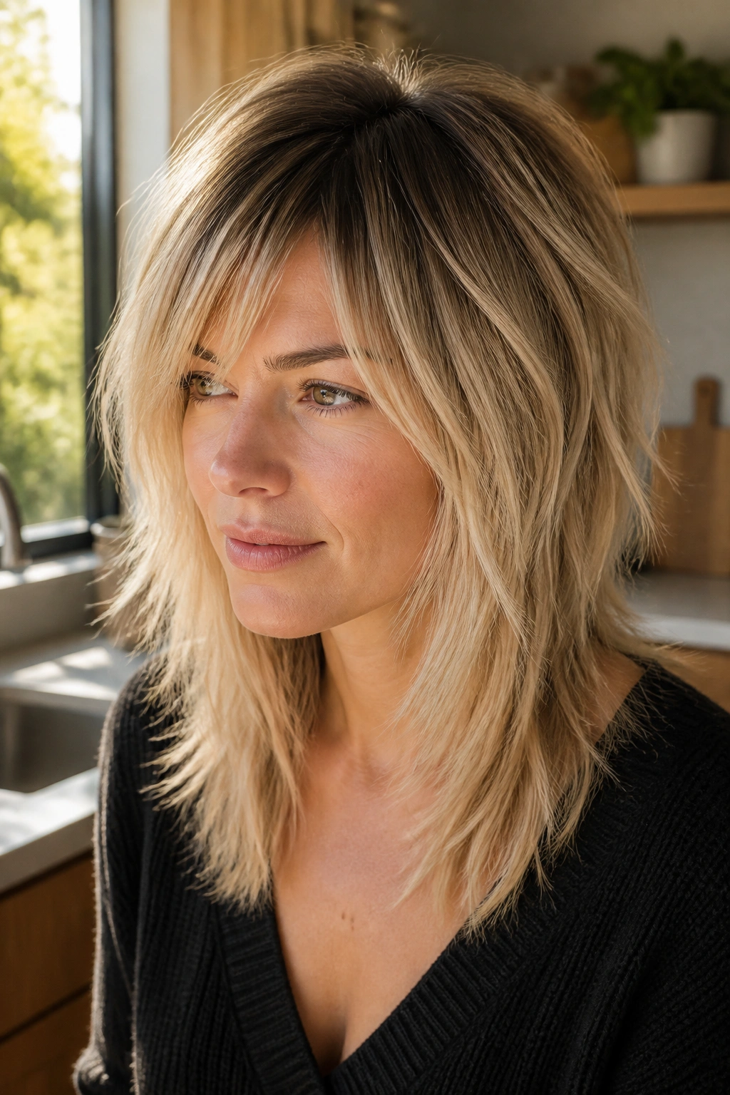 Close-up of a real woman with rooted blonde shag and darker roots blending into blonde
