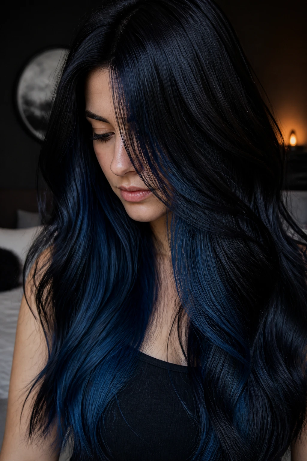 Close-up of a real woman with rooted blue-black hair and hidden blue interior in a moody setting.