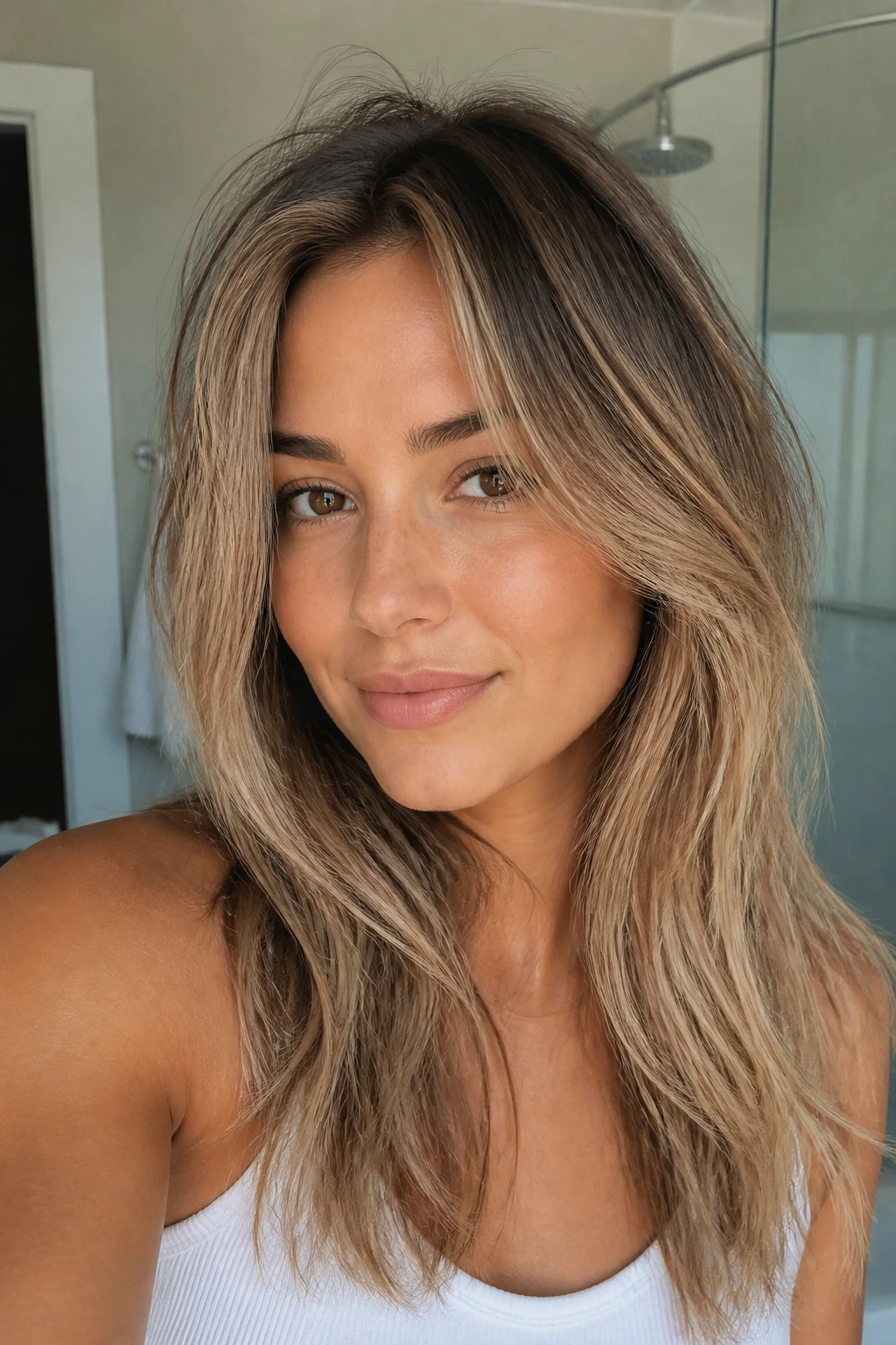 Close-up of a real woman with rooted bronde and wispy layers framing the face.