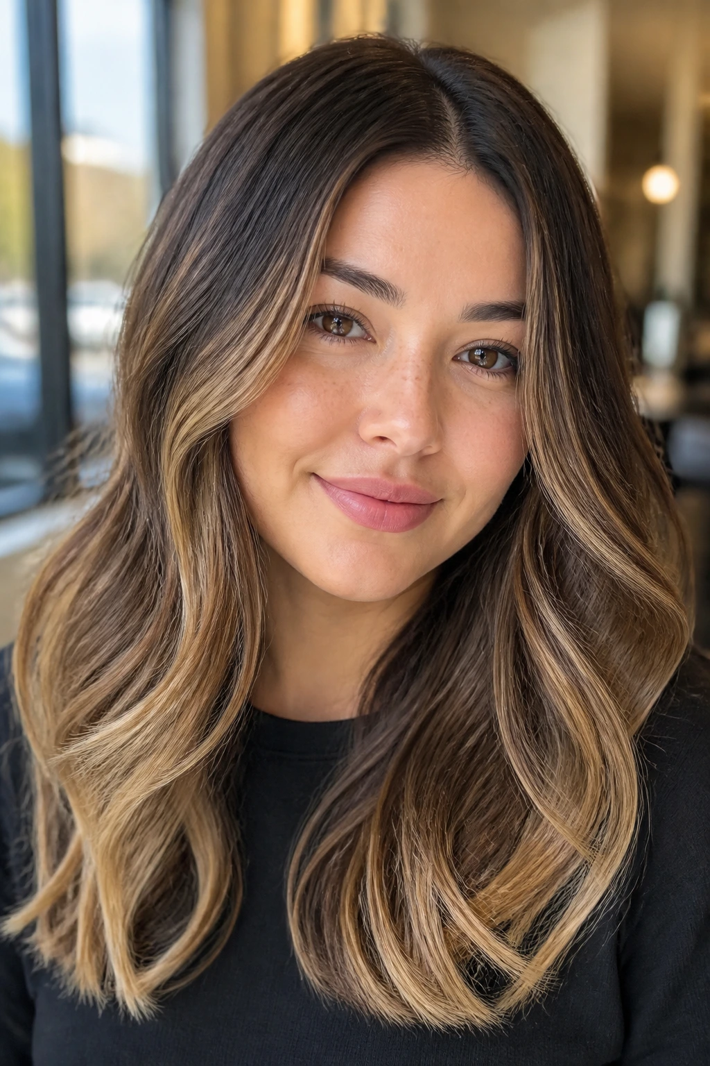 Close-up portrait of a real woman with rooted brunette balayage and soft ends