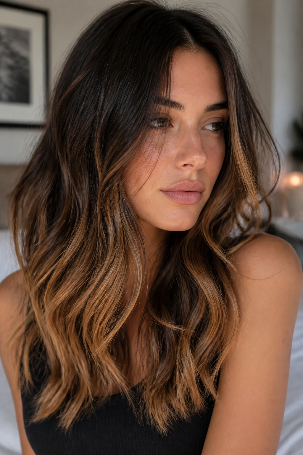 Close-up of rooted brunette with sunlit mid-lengths on a real woman's hair