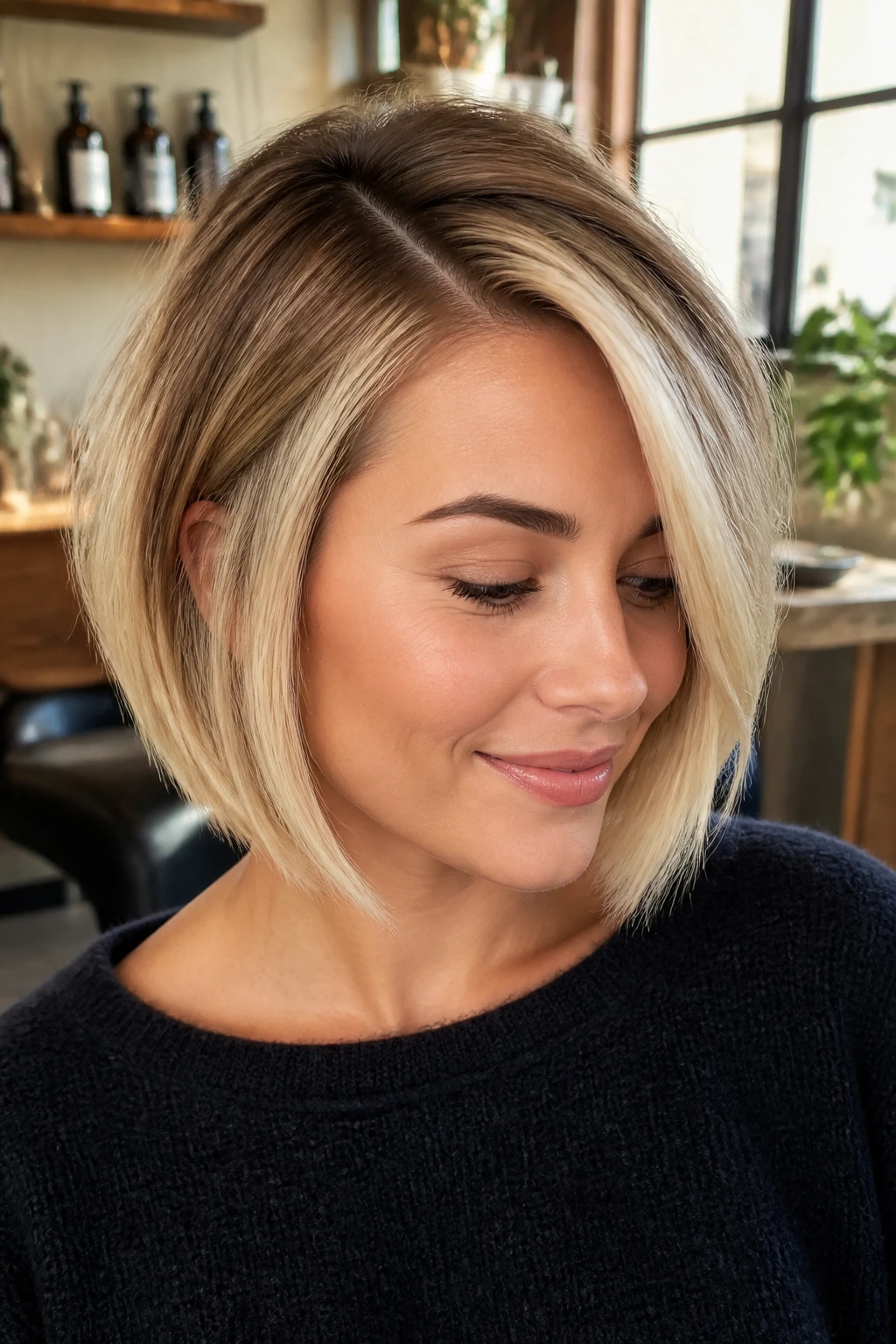 Close-up of a real woman with a side-parted short bob showing a rooted butter blonde money piece.