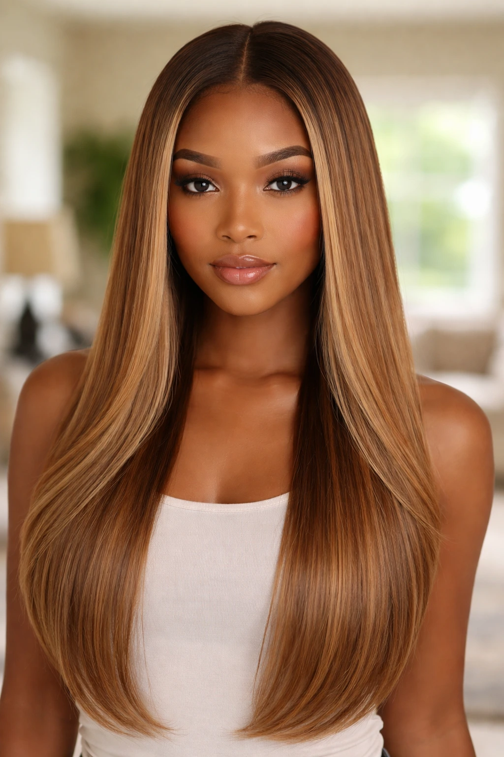 Close-up of real Black woman with rooted caramel blonde straight hair and middle part.