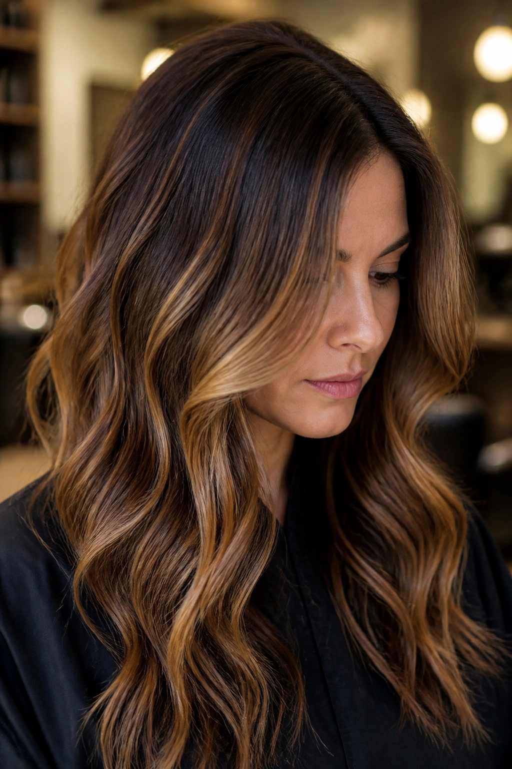 Close-up of a real woman with rooted caramel highlights and darker roots