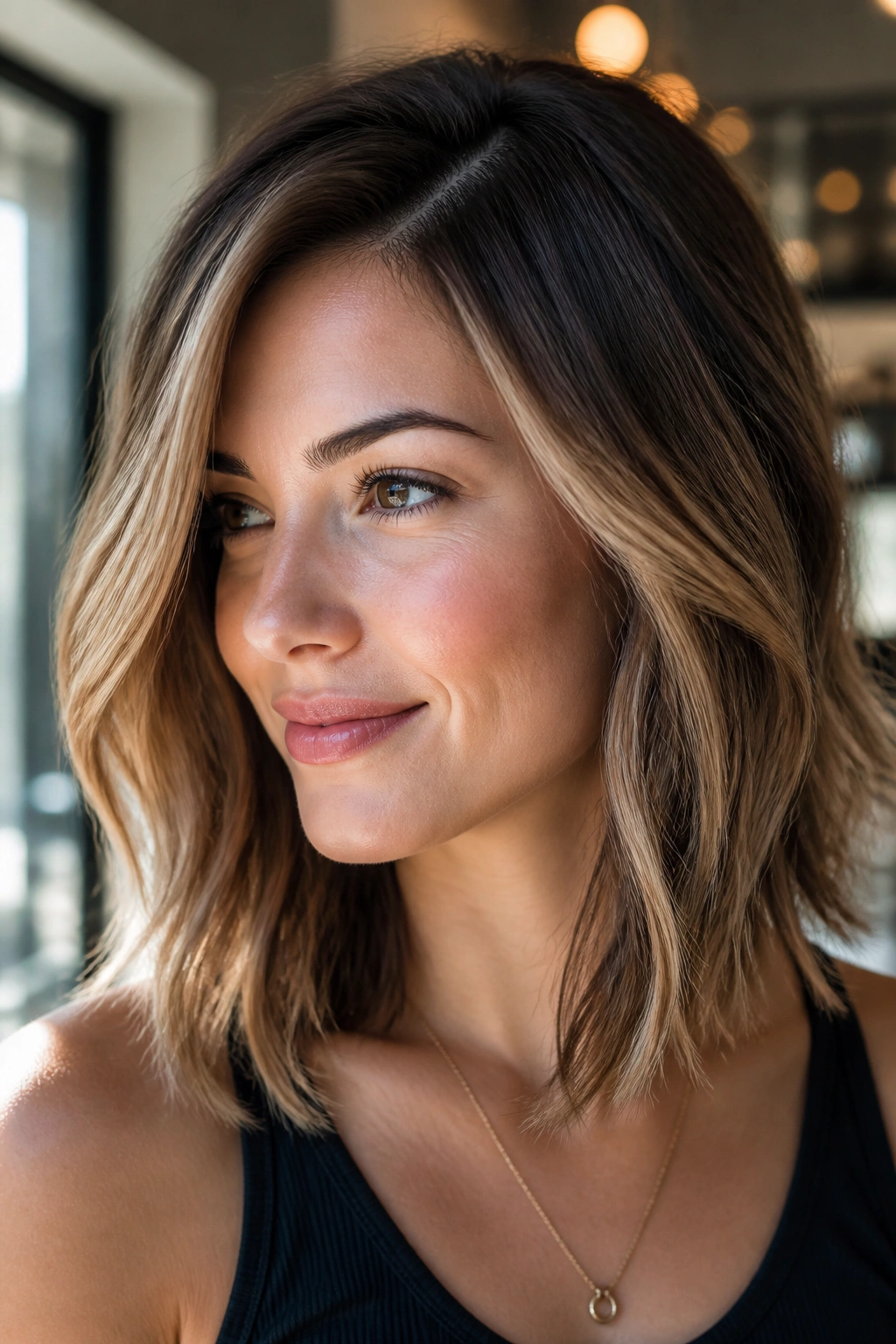Close-up of a lob hairstyle with rooted caramel contouring around the cheekbone.