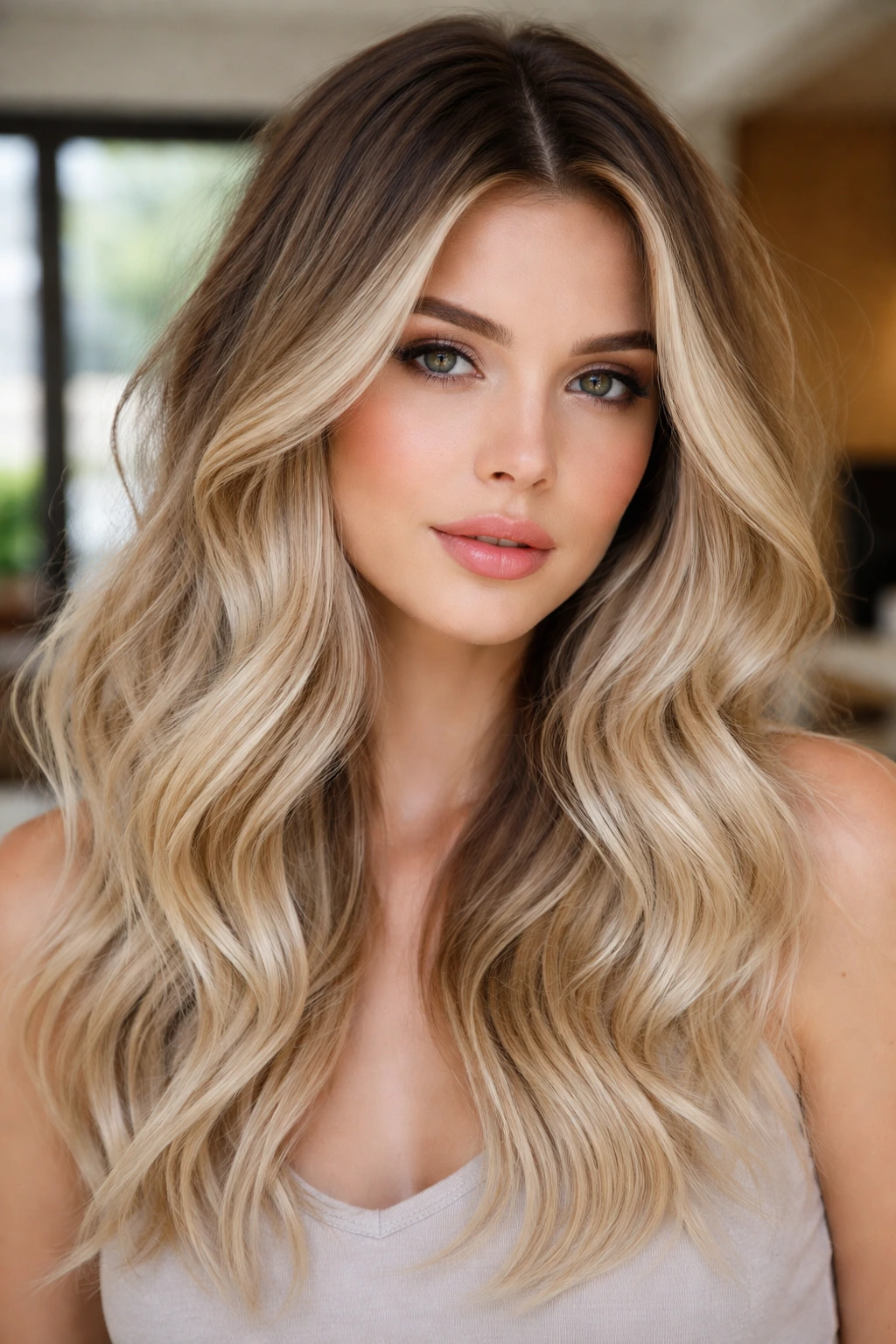 Portrait of a real person with rooted champagne blonde and ash root
