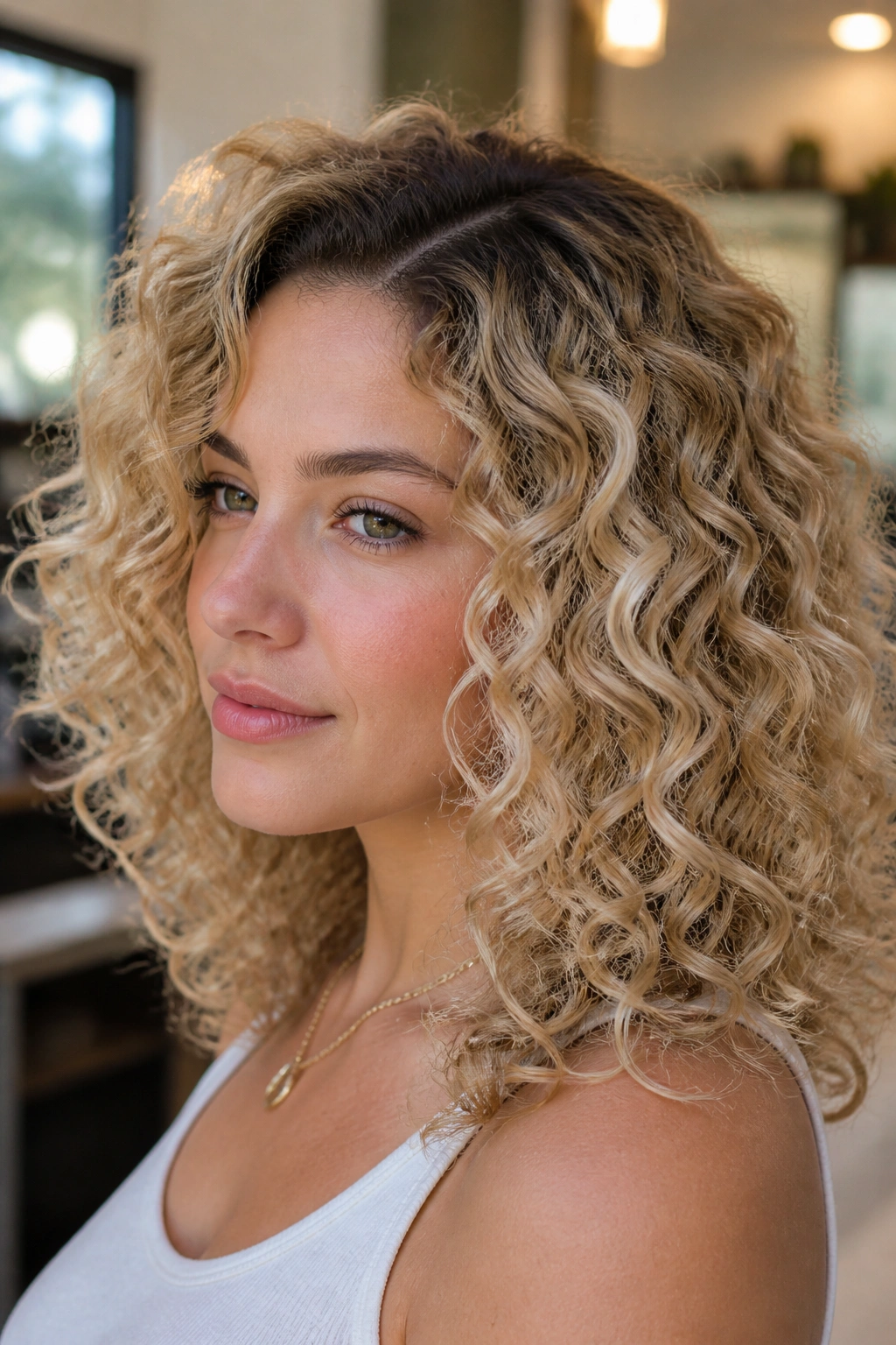 Close-up of curly hair with rooted champagne blonde and a shadow root