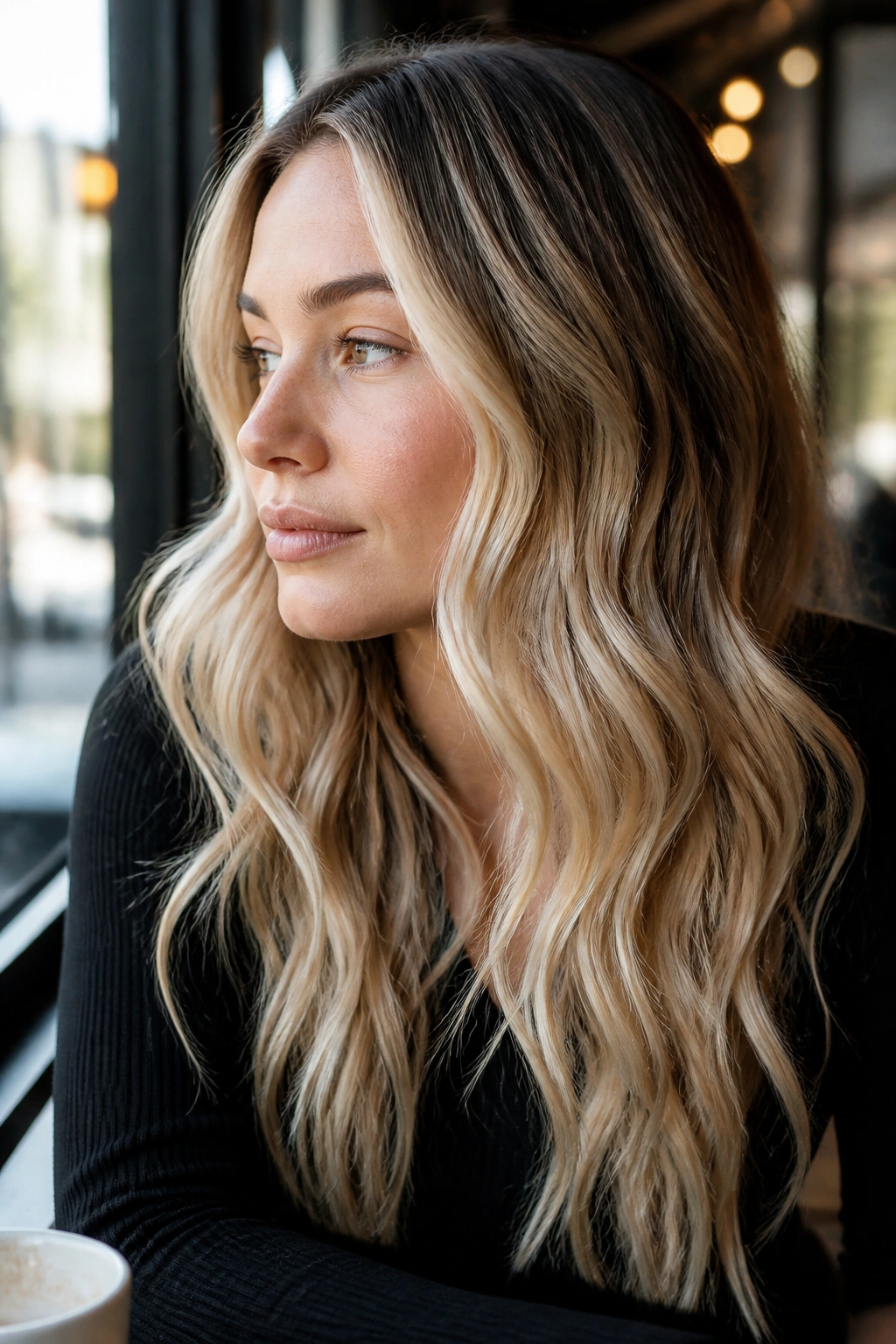 Close-up of rooted cream blonde balayage on a real woman with soft waves.
