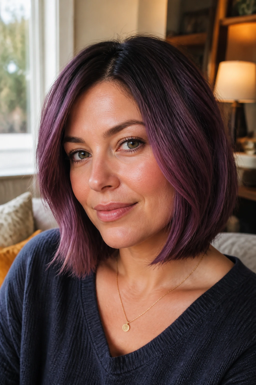 Rooted grape bob on a real woman with dark crown and soft rounded ends.
