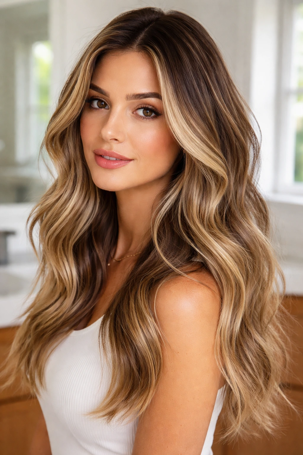 Close-up of a real woman's hair with dimensional rooted highlights and a darker root.